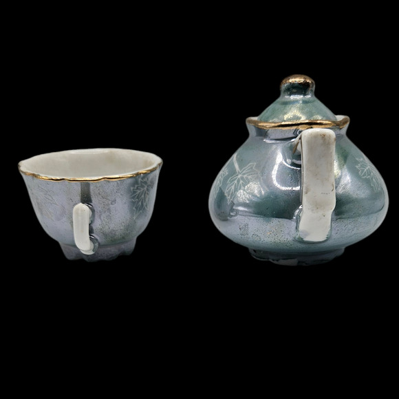 Vintage Ceramic Teapot & Cup Set Gray Blue Maple Leaf Motif Gold Trim Japan - Picture 4 of 6